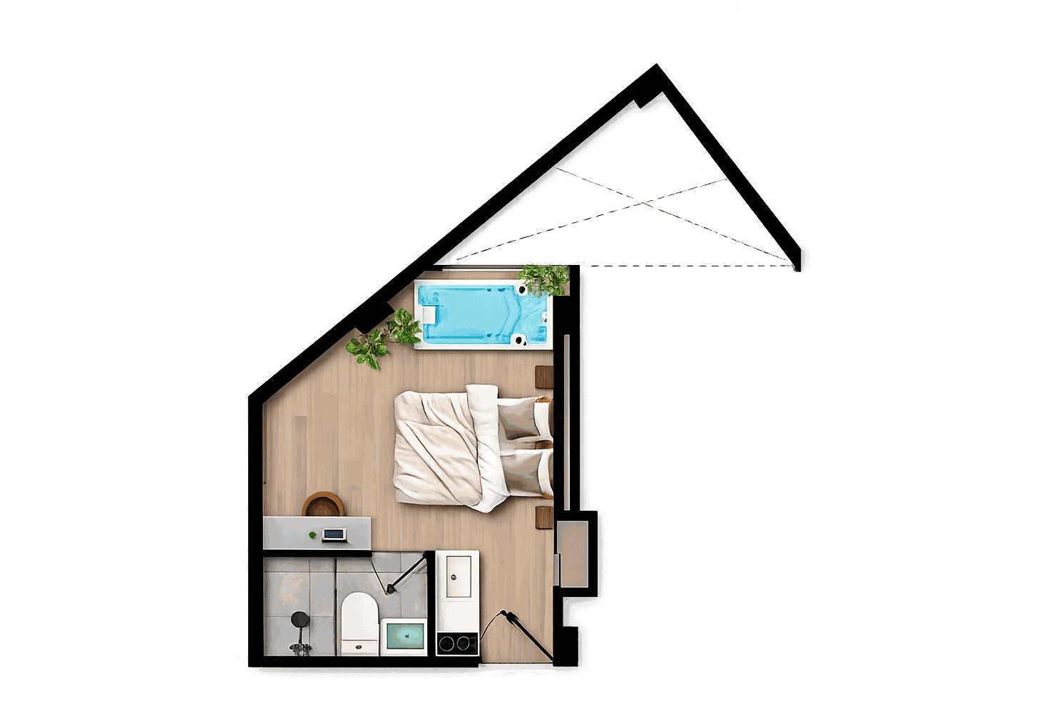 Plano de la suite 201 a 701 de Do Living Suitépolis, 18,00 m², con jacuzzi sin balcón, cama, cocina y baño