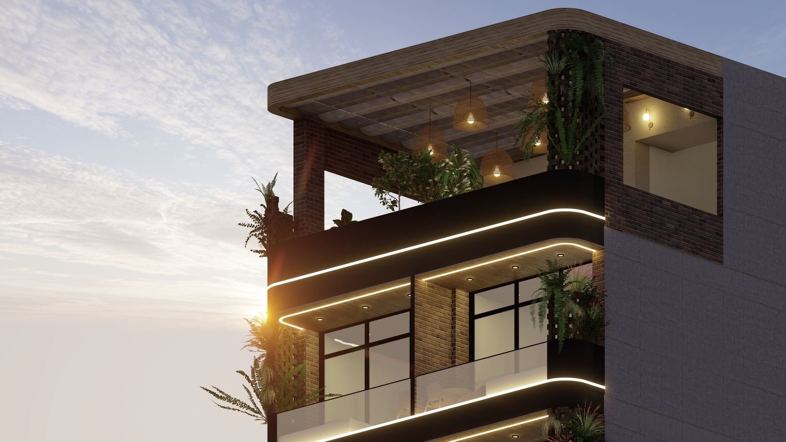 Fachada de Do Living Suitépolis en Laureles, Medellín, con balcones iluminados y rooftop al atardecer