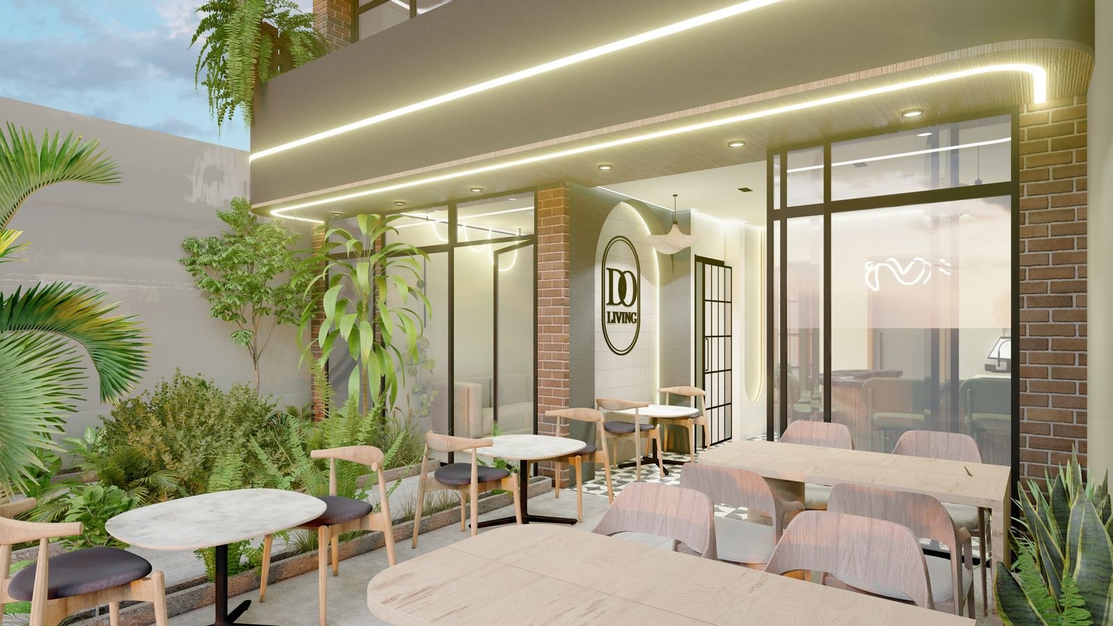 Render del restaurante de Do Living Suitépolis en primer piso, con mesas de madera, vegetación y frente comercial sobre la Calle 42