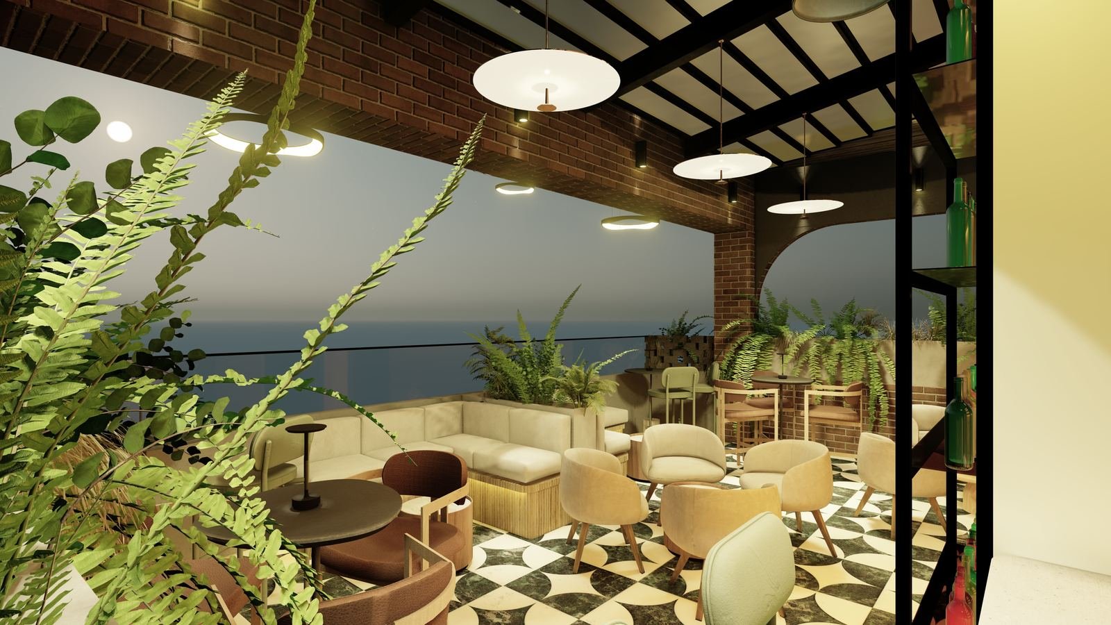 Rooftop de Do Living Suitépolis al atardecer, con sofás, mesas, pérgola de madera y vegetación